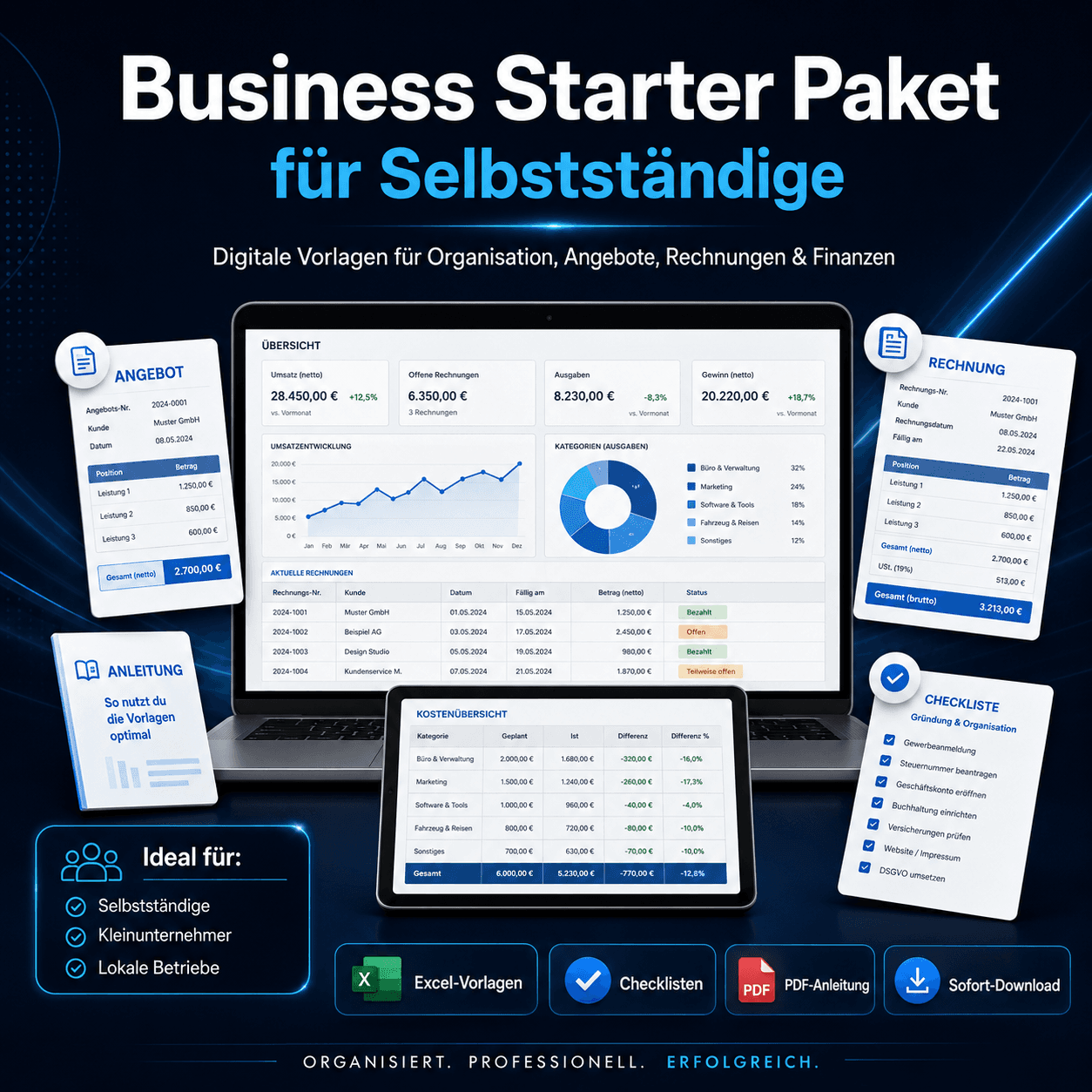 Business Starter Paket für Selbstständige – Excel Vorlagen für Angebot, Rechnung und Finanzübersicht
